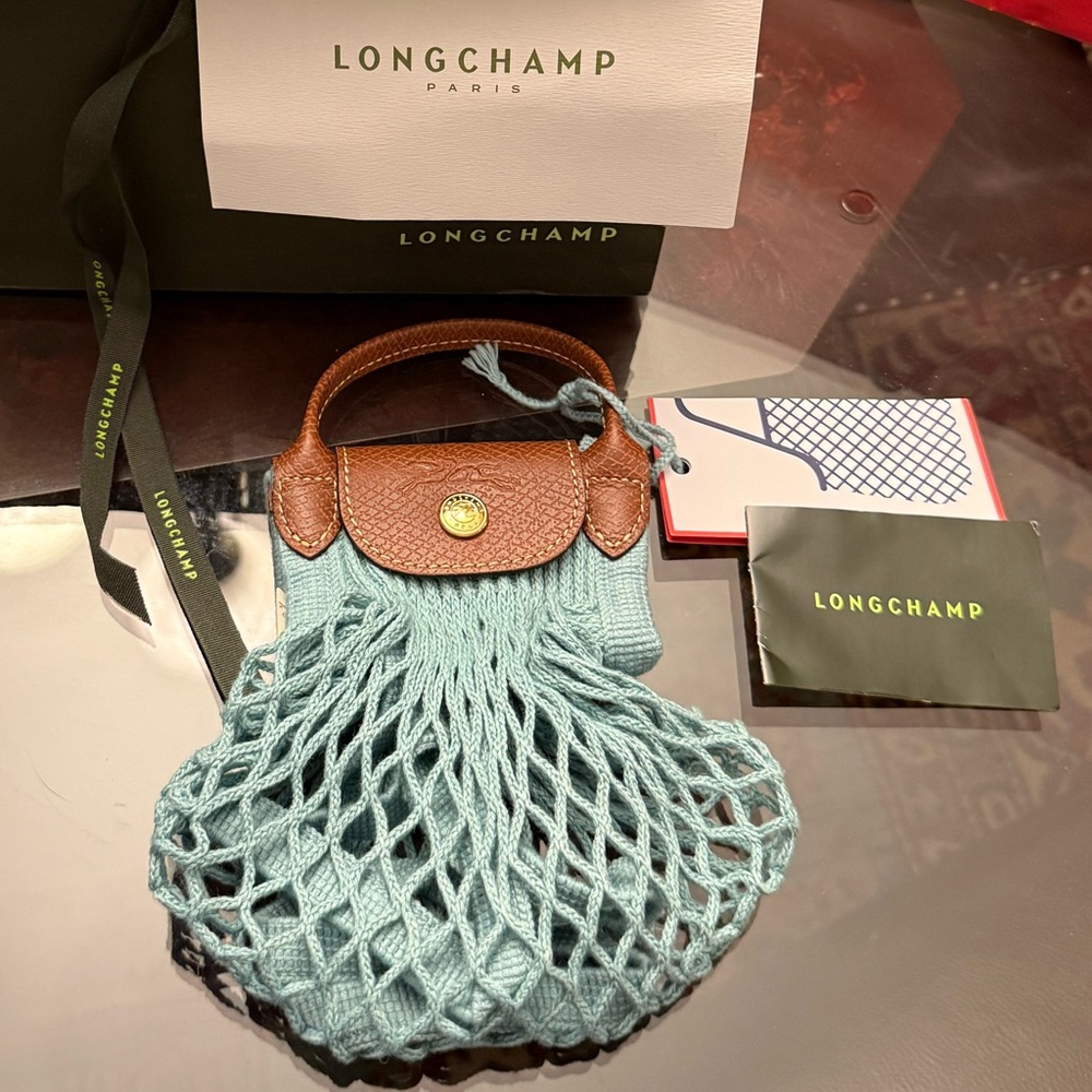 Longchamp “Le Pilage” Small Mint Knit Net Mini Crossbody with Leather Trim